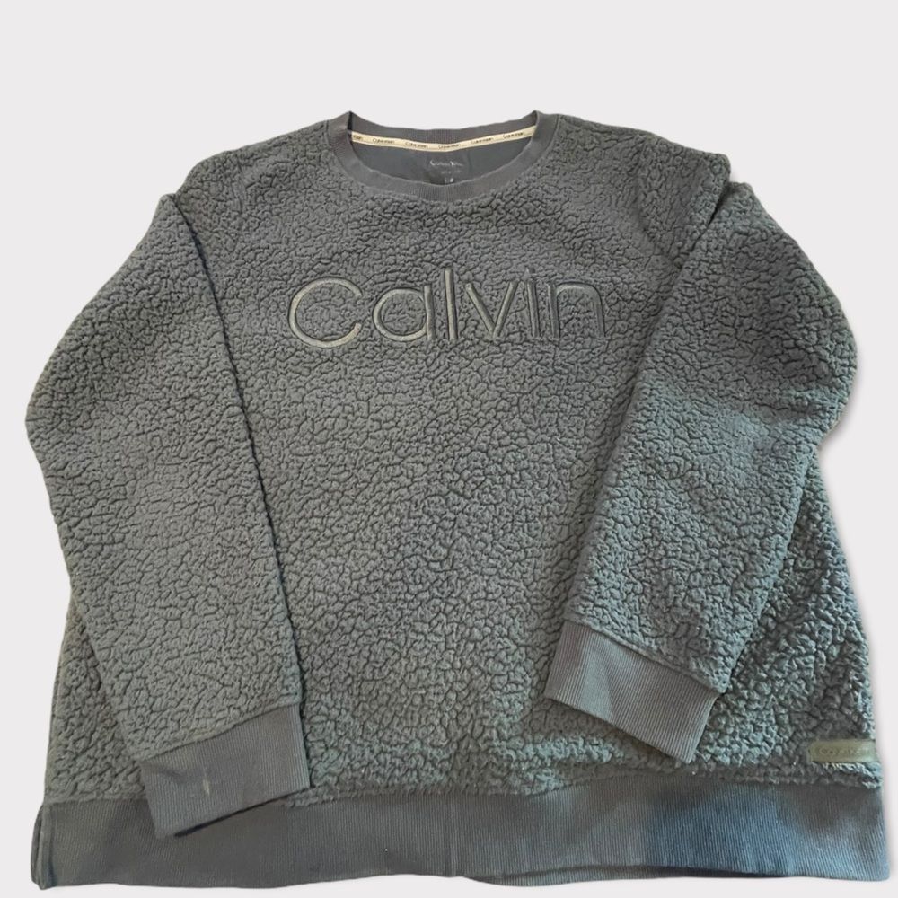 Calvin Klein Sweatshirt Women's Blue Logo Fleece Fuzzy Pullover Sweater Large